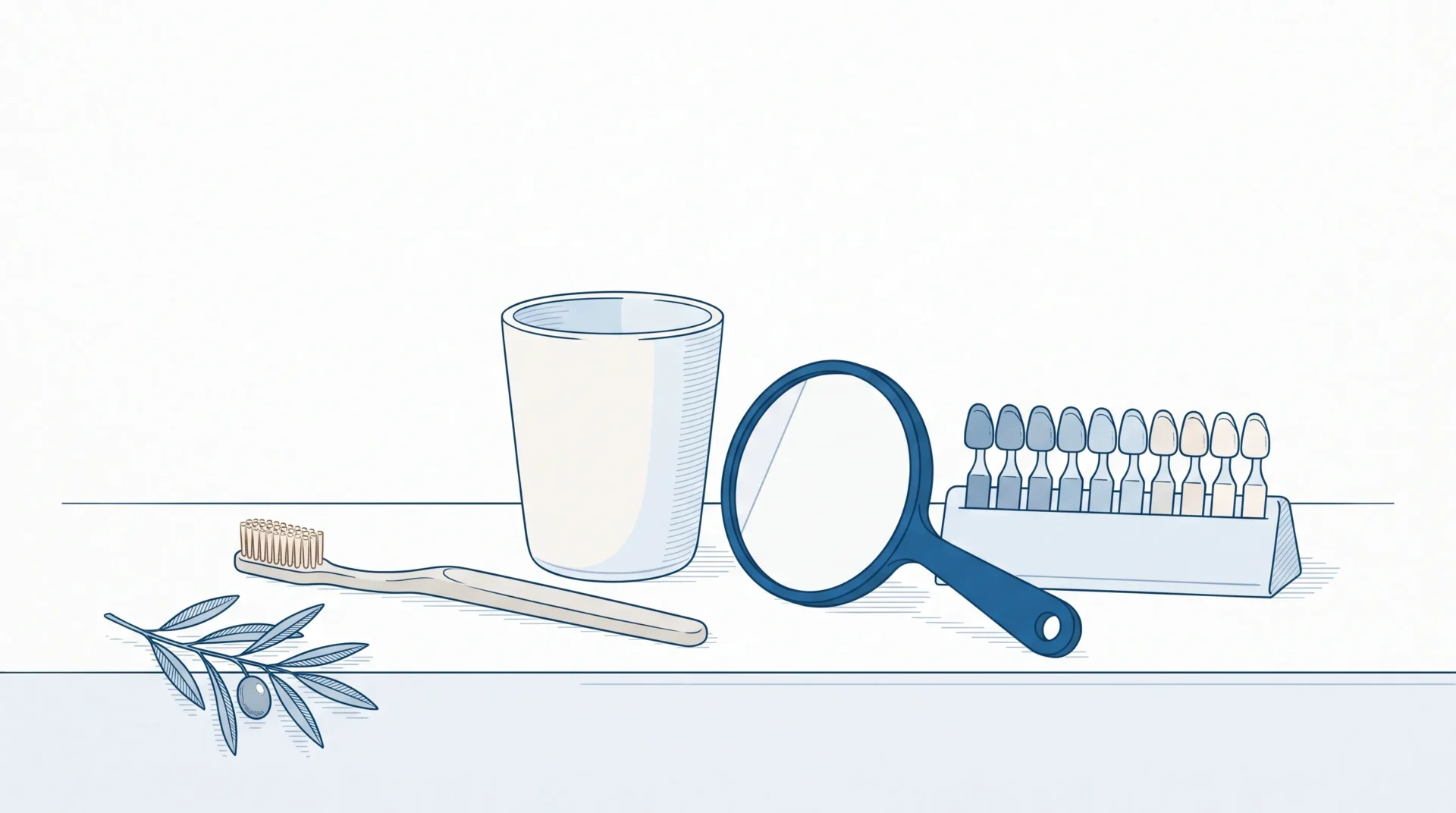 Tooth shade tabs, a mirror and a toothbrush arranged for whitening planning.