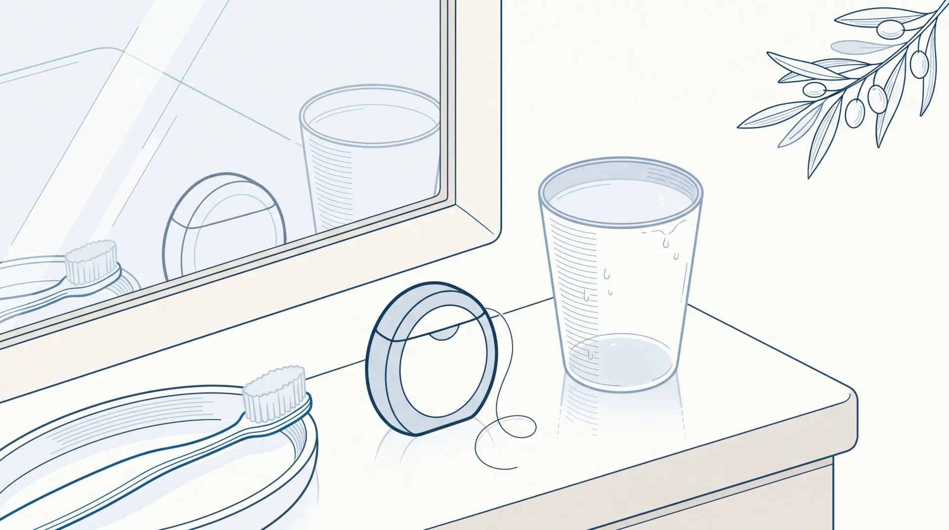 Toothbrush, floss and a cup sit neatly on a bathroom vanity for a family dental care routine.